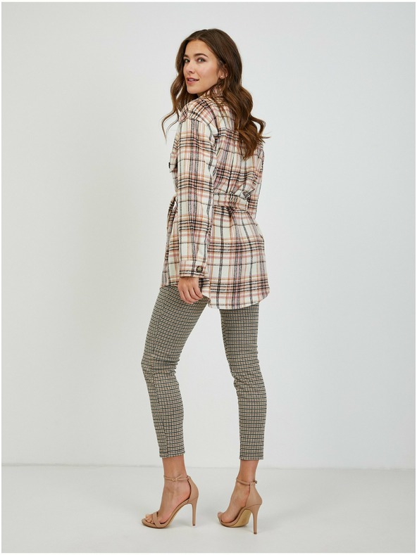 Orsay Ružovo-krémové dámske kockované košeľové sako so zaväzovaním ORSAY