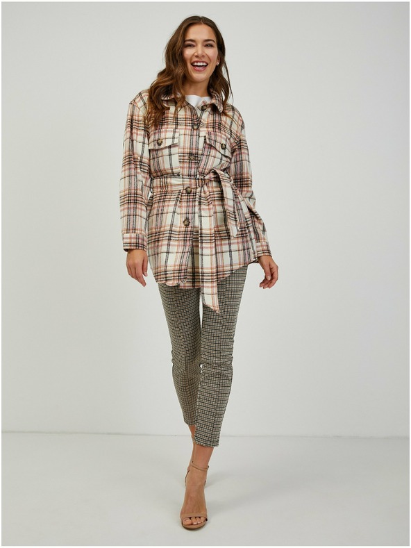 Orsay Ružovo-krémové dámske kockované košeľové sako so zaväzovaním ORSAY