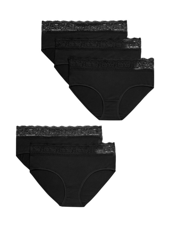 Marks & Spencer Čipkované midi nohavičky z bavlny a lycry, 5 balení Marks & Spencer čierna