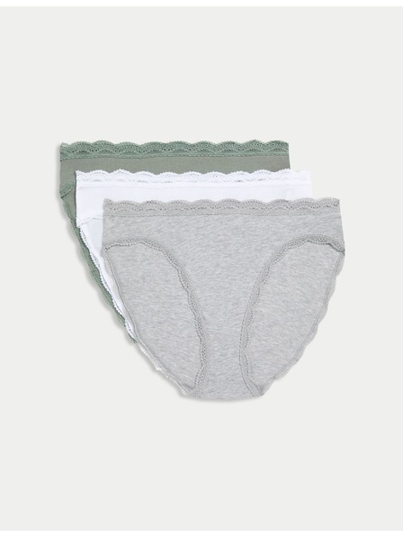 Marks & Spencer Bavlnené čipkované nohavičky s vysokým pásom, 3 ks Marks & Spencer zelená