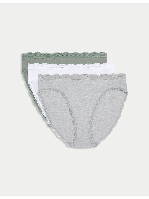 Marks & Spencer Bavlnené čipkované nohavičky s vysokým pásom, 3 ks Marks & Spencer zelená