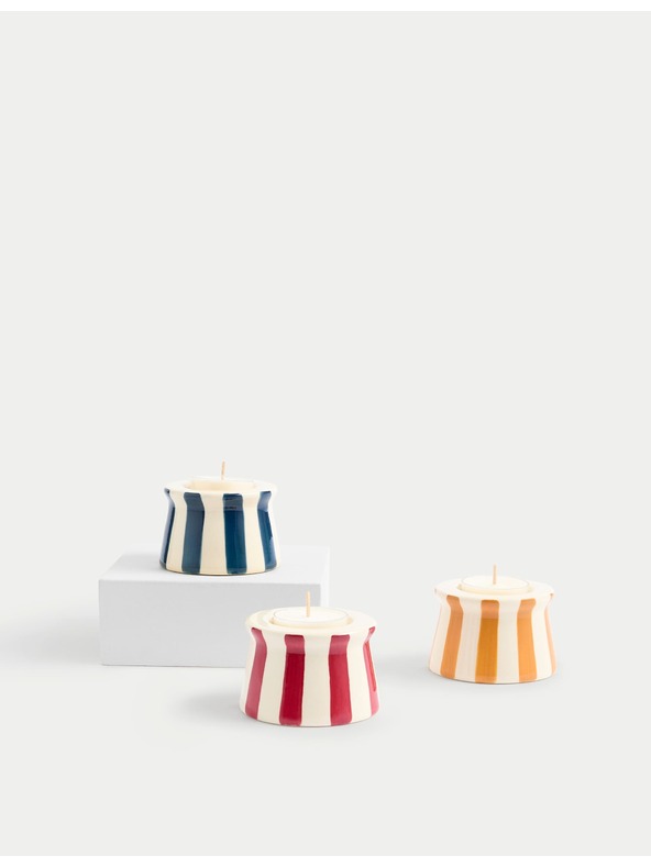 Marks & Spencer Sada 3 pruhovaných keramických držiakov čajovej sviečky Marks & Spencer viacfarebná