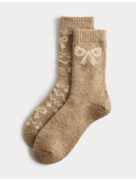 Marks & Spencer Sada 2 párov členkových termo ponožiek s mašľou Marks & Spencer hnedá