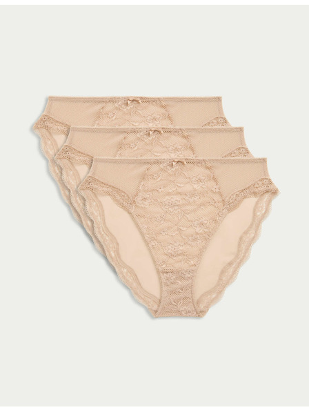 Marks & Spencer Vysoko strihované čipkované nohavičky s vysokým pásom Jasmine, 3 ks Marks & Spencer béžová