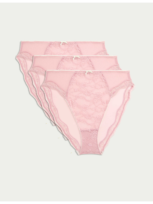Marks & Spencer Vysoko strihované čipkované nohavičky s vysokým pásom Jasmine, 3 ks Marks & Spencer ružová