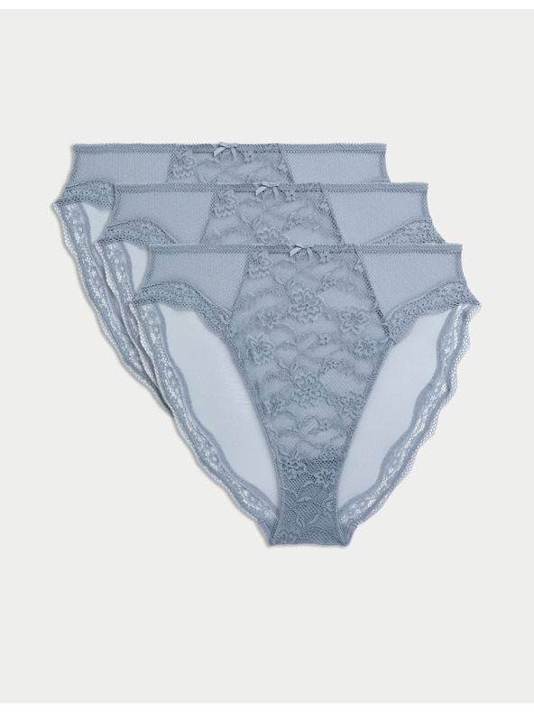 Marks & Spencer Vysoko strihované čipkované nohavičky s vysokým pásom Jasmine, 3 ks Marks & Spencer modrá