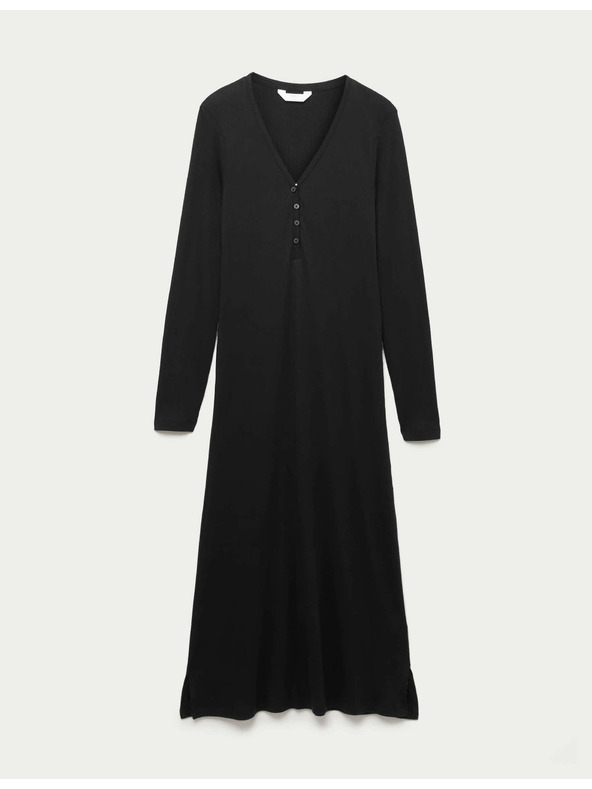 Marks & Spencer Rebrovaná nočná košieľka Henley s dlhými rukávmi Marks & Spencer čierna