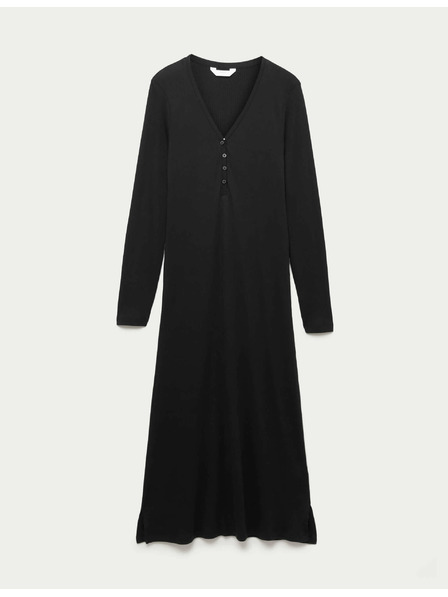 Marks & Spencer Rebrovaná nočná košieľka Henley s dlhými rukávmi Marks & Spencer čierna