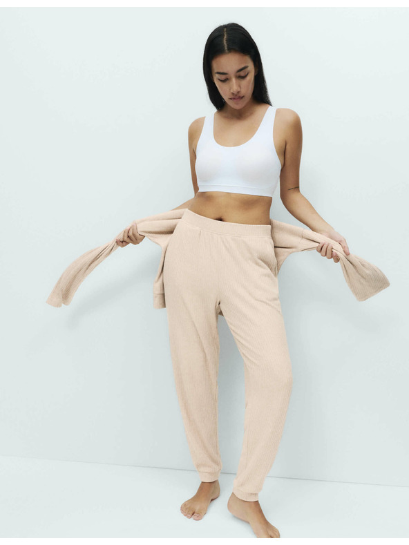 Marks & Spencer Žebrované pyžamové nohavice s manžetovým lemom Marks & Spencer smotanová