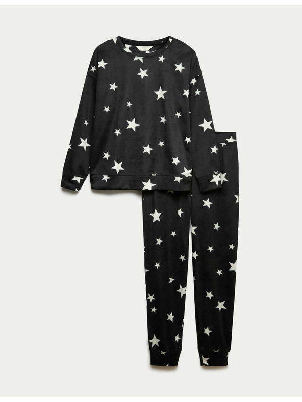 Marks & Spencer Flísová pyžamová súprava s potlačou hviezd a nohavicami s manžetovým lemom Marks & Spencer čierna