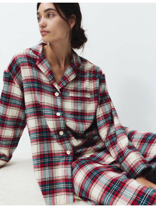 Marks & Spencer Vianočná kockovaná domáca pyžamová súprava z čistej bavlny Marks & Spencer smotanová