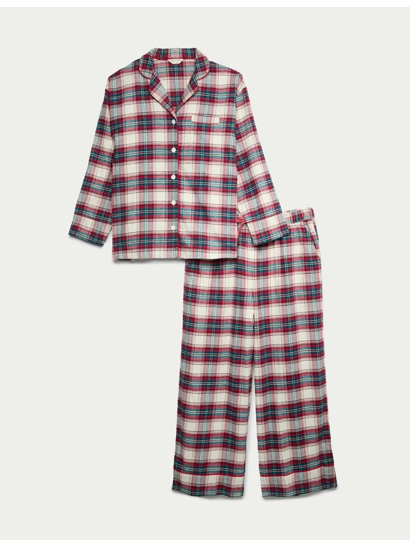 Marks & Spencer Vianočná kockovaná domáca pyžamová súprava z čistej bavlny Marks & Spencer smotanová