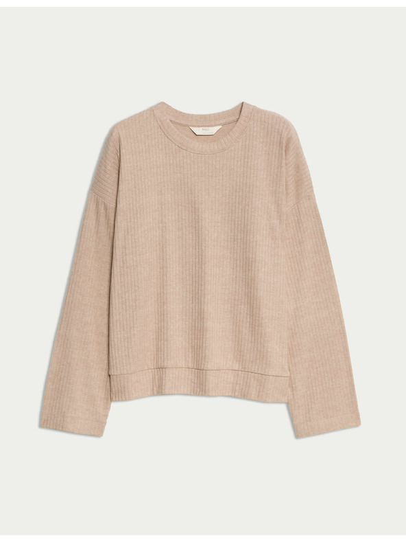 Marks & Spencer Rebrovaný pyžamový top s výstrihom ku krku a dlhými rukávmi Marks & Spencer smotanová