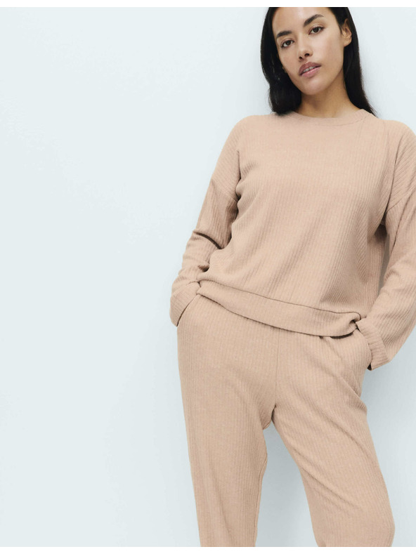 Marks & Spencer Rebrovaný pyžamový top s výstrihom ku krku a dlhými rukávmi Marks & Spencer smotanová