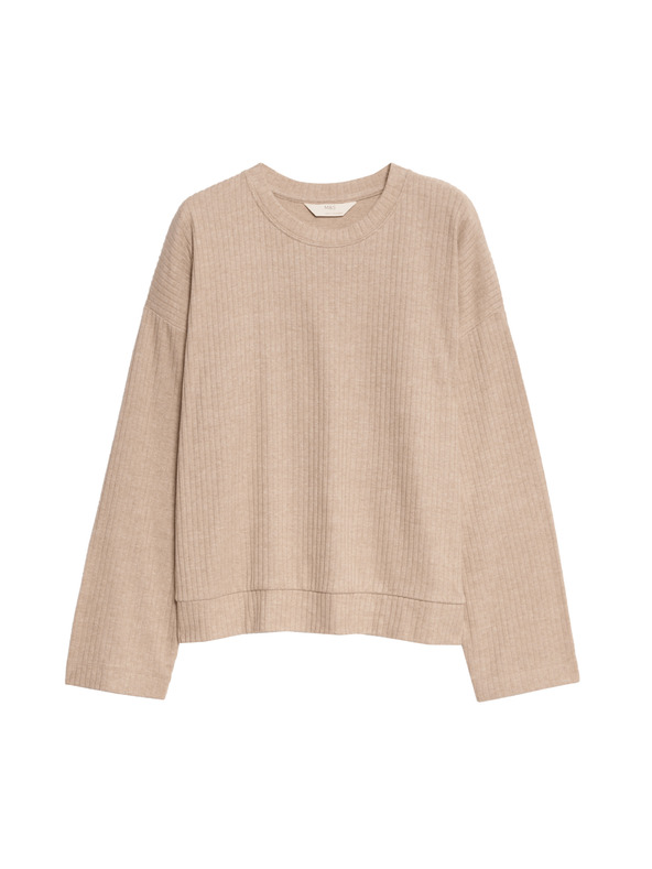 Marks & Spencer Rebrovaný pyžamový top s výstrihom ku krku a dlhými rukávmi Marks & Spencer smotanová