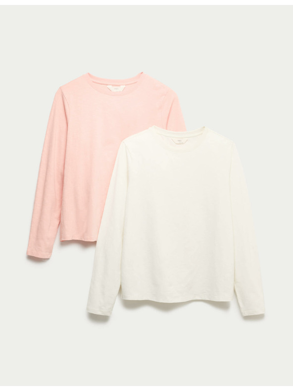 Marks & Spencer Pyžamové topy z čistej bavlny s dlhými rukávmi, 2 ks Marks & Spencer smotanová