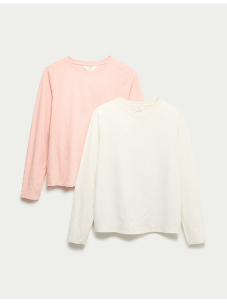 Marks & Spencer Pyžamové topy z čistej bavlny s dlhými rukávmi, 2 ks Marks & Spencer smotanová