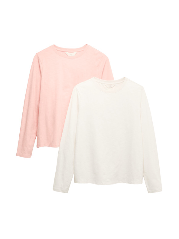 Marks & Spencer Pyžamové topy z čistej bavlny s dlhými rukávmi, 2 ks Marks & Spencer smotanová