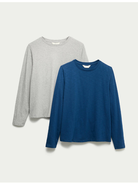 Marks & Spencer Pyžamové topy z čistej bavlny s dlhými rukávmi, 2 ks Marks & Spencer námorná modrá