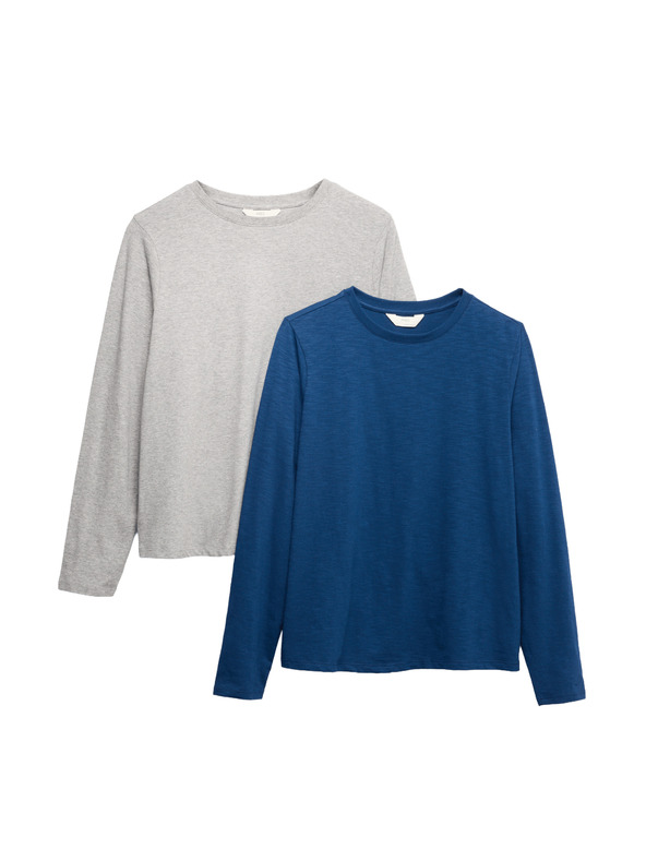 Marks & Spencer Pyžamové topy z čistej bavlny s dlhými rukávmi, 2 ks Marks & Spencer námorná modrá