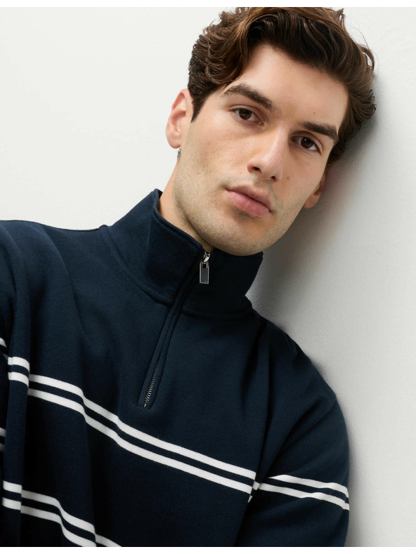 Marks & Spencer Pruhovaná mikina na zips pri krku, z čistej bavlny Marks & Spencer námorná modrá