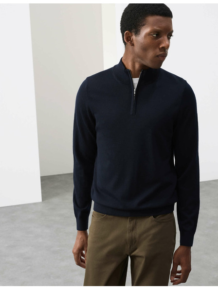 Marks & Spencer Sveter s krátkym zipsom z čistej extra jemnej vlny merino Marks & Spencer námorná modrá