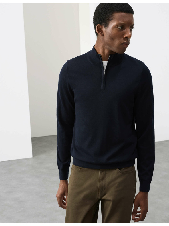 Marks & Spencer Sveter s krátkym zipsom z čistej extra jemnej vlny merino Marks & Spencer námorná modrá