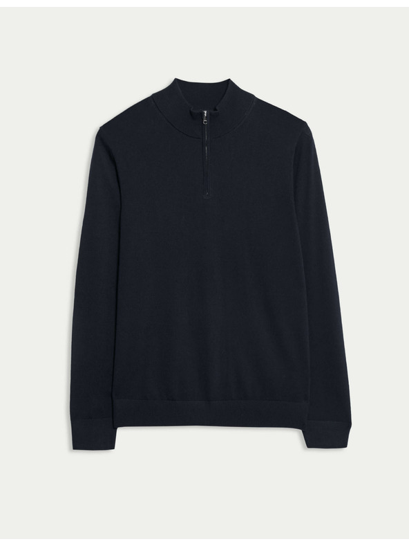 Marks & Spencer Sveter s krátkym zipsom z čistej extra jemnej vlny merino Marks & Spencer námorná modrá
