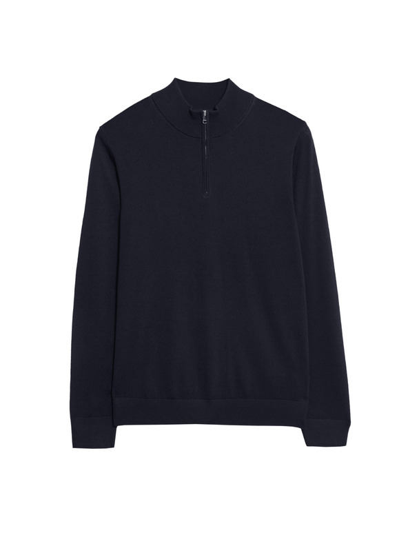 Marks & Spencer Sveter s krátkym zipsom z čistej extra jemnej vlny merino Marks & Spencer námorná modrá