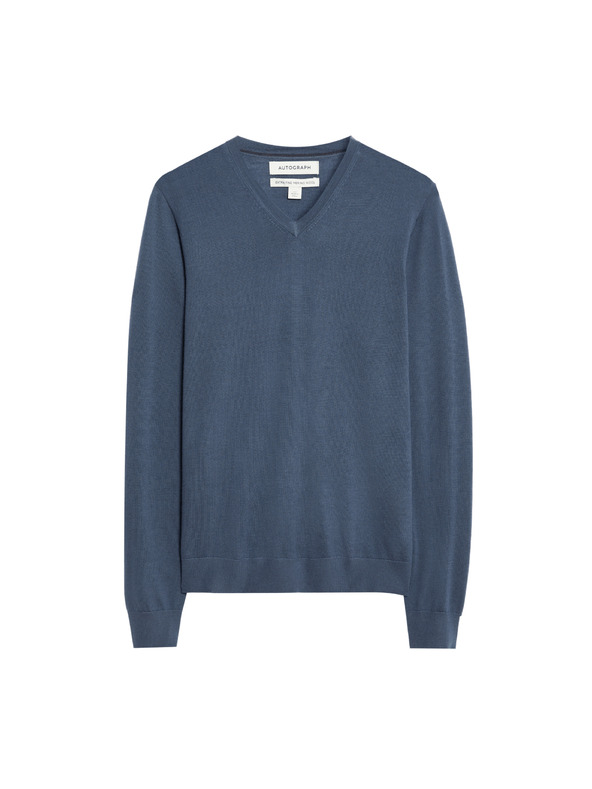 Marks & Spencer Sveter s výstrihom do V z čistej mimoriadne jemnej vlny merino Marks & Spencer námorná modrá