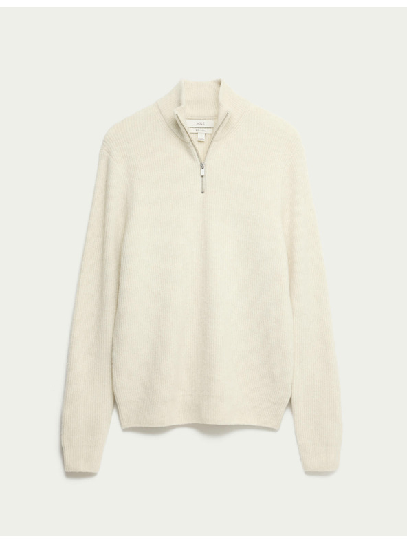 Marks & Spencer Super mäkký rebrovaný sveter s vlneným zipsom Marks & Spencer smotanová