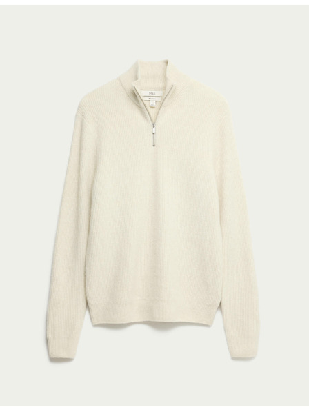 Marks & Spencer Super mäkký rebrovaný sveter s vlneným zipsom Marks & Spencer smotanová