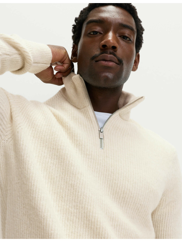 Marks & Spencer Super mäkký rebrovaný sveter s vlneným zipsom Marks & Spencer smotanová