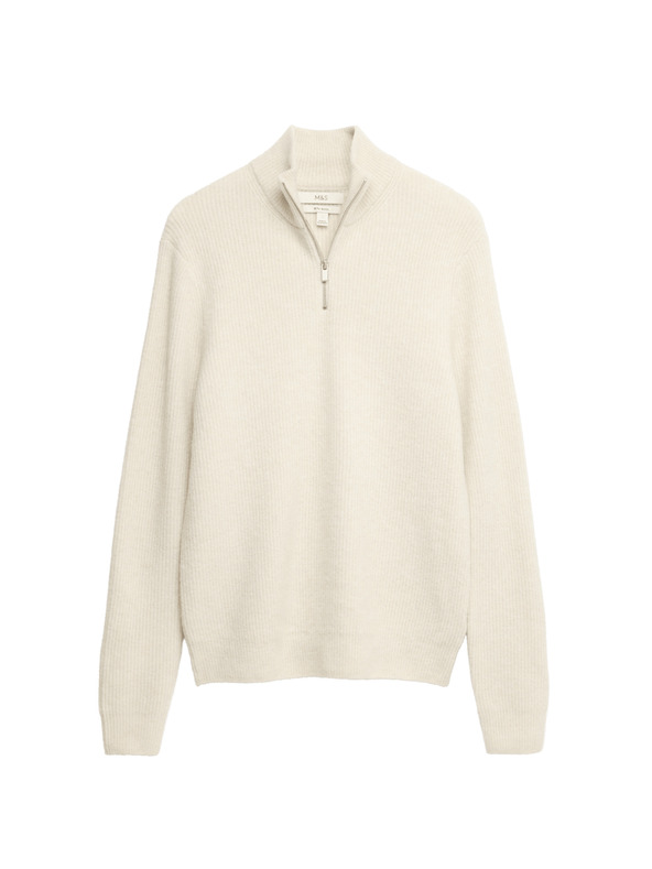 Marks & Spencer Super mäkký rebrovaný sveter s vlneným zipsom Marks & Spencer smotanová
