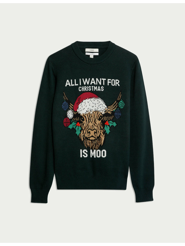 Marks & Spencer Vianočný sveter z čistej bavlny s okrúhlym výstrihom Marks & Spencer zelená