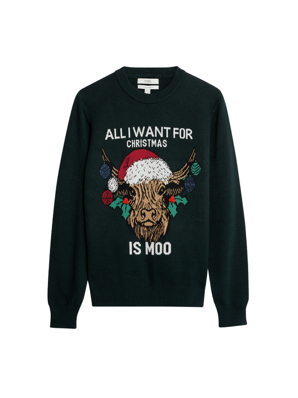 Marks & Spencer Vianočný sveter z čistej bavlny s okrúhlym výstrihom Marks & Spencer zelená