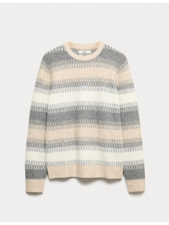 Marks & Spencer Super mäkký pruhovaný sveter s okrúhlym výstrihom a vlnou Marks & Spencer smotanová