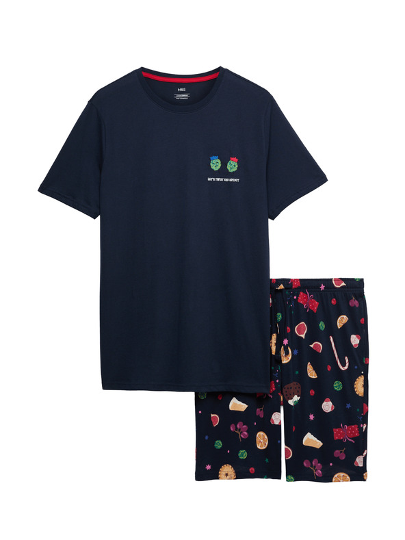 Marks & Spencer Vianočná domáca pyžamová súprava s motívom jedla z čistej bavlny Marks & Spencer námorná modrá