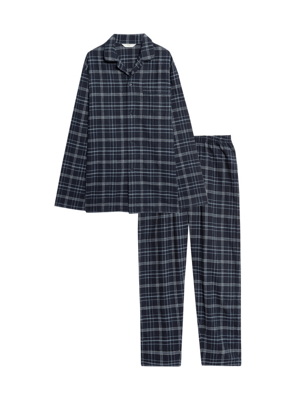 Marks & Spencer Károvaná pyžamová súprava z česanej bavlny Marks & Spencer námorná modrá
