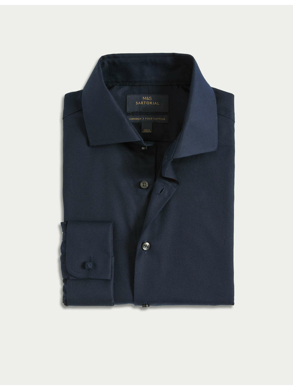 Marks & Spencer Keprová košeľa úzkeho strihu z luxusnej bavlny s dvojitou manžetou Marks & Spencer námorná modrá