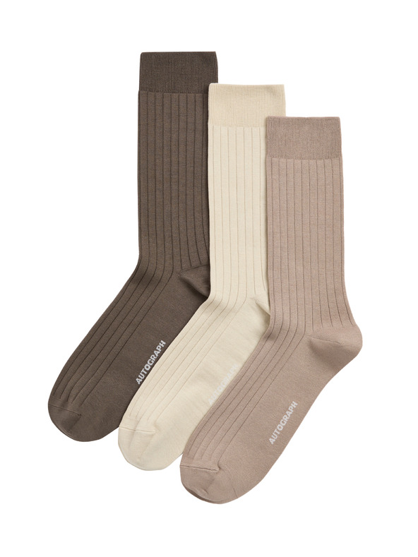 Marks & Spencer 3 páry rebrovaných ponožiek, s vysokým podielom egyptskej bavlny Marks & Spencer hnedá