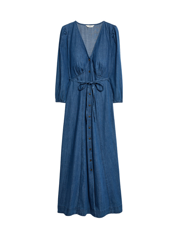 Marks & Spencer Džínsové neformálne midi šaty s výstrihom do V, zvýrazneným pásom a viazačkou Marks & Spencer námorná modrá