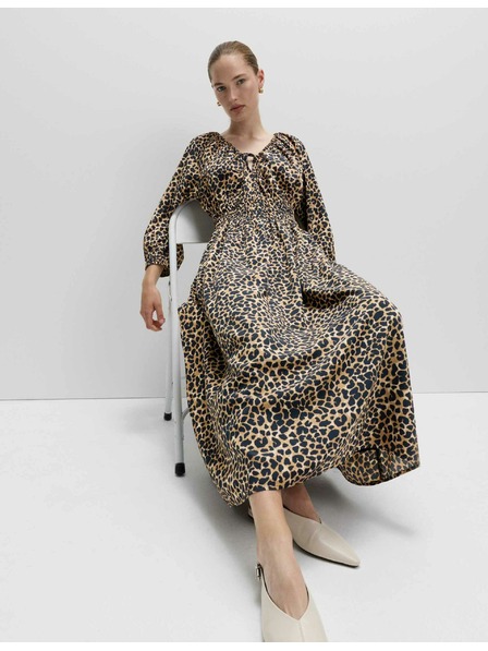 Marks & Spencer Midi šaty so zvýrazneným pásom, riasením, výstrihom do V a zvieracou potlačou Marks & Spencer béžová