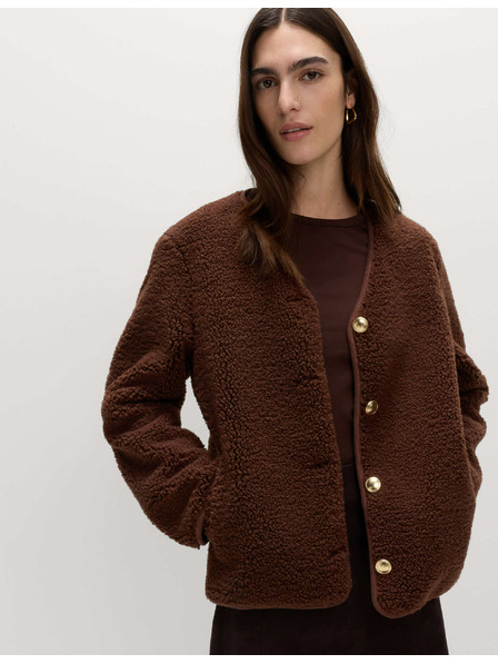 Marks & Spencer Voľná bunda z umelej kožušiny so zlatým gombíkom Marks & Spencer hnedá