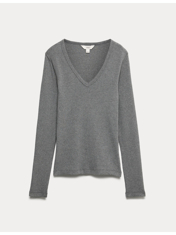 Marks & Spencer Žebrovaný top s výstrihom do V s vysokým obsahom bavlny Marks & Spencer sivá