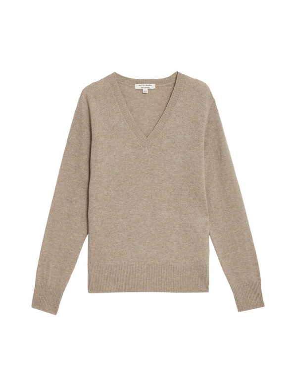 Marks & Spencer Voľný sveter zo 100% kašmíru so výstrihom do V Marks & Spencer hnedá