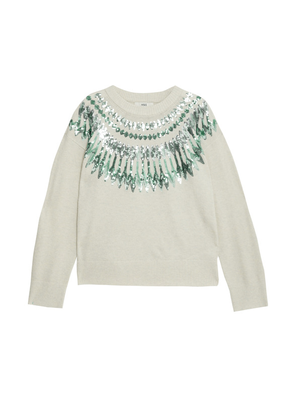 Marks & Spencer Voľný vianočný sveter so vzorom Fair Isle a flitrami Marks & Spencer zelená