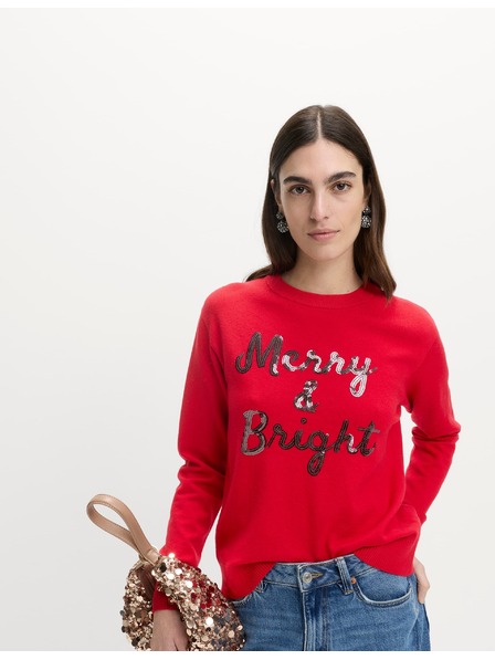 Marks & Spencer Sveter zo vzdušnej príze s výstrihom ku krku a flitrovaným nápisom Marks & Spencer červená