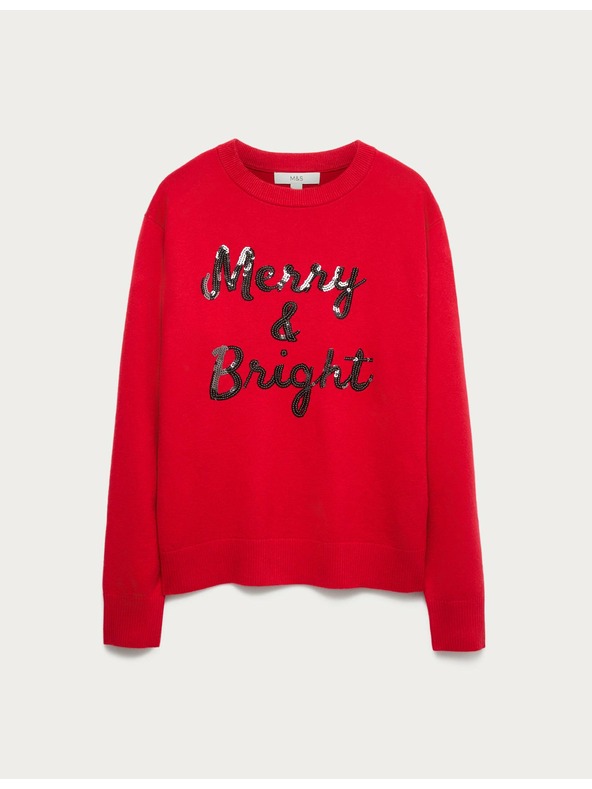 Marks & Spencer Sveter zo vzdušnej príze s výstrihom ku krku a flitrovaným nápisom Marks & Spencer červená