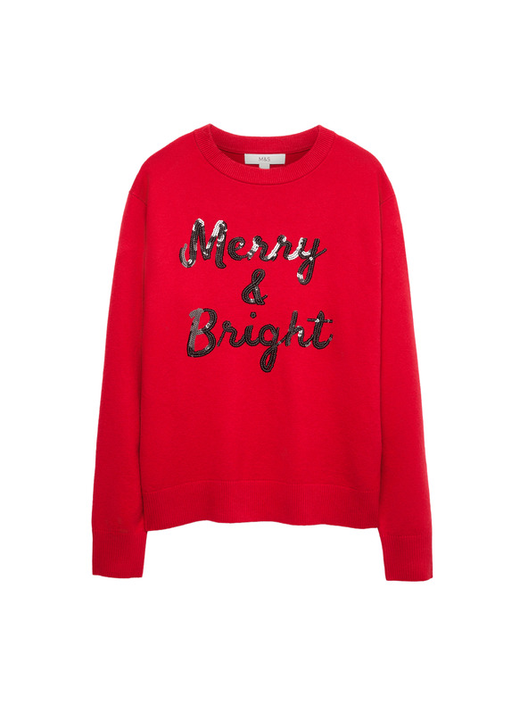 Marks & Spencer Sveter zo vzdušnej príze s výstrihom ku krku a flitrovaným nápisom Marks & Spencer červená